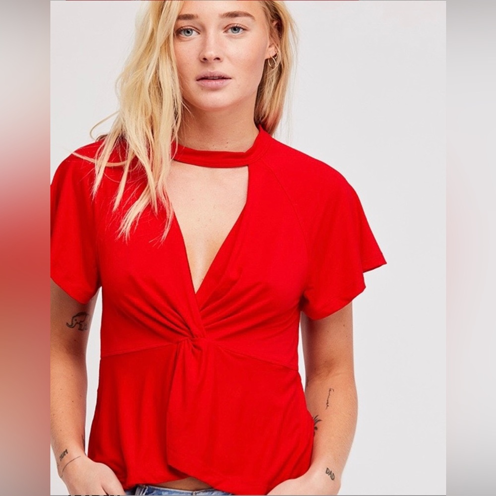 Free People Choker Collar Red Short Sleeve Shirt Medium